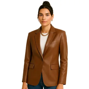 women-tan-leather-blazer