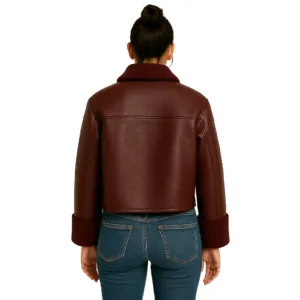 womens maroon faux leather shearling jacket