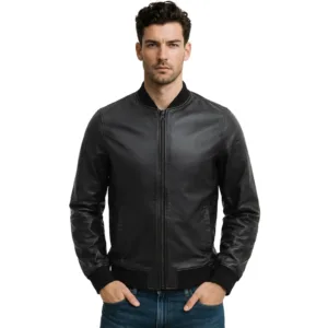 casual black leather bomber jacket