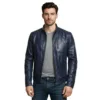 stand collar navy blue leather jacket