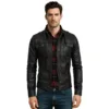 strap slim fit black leather jacket