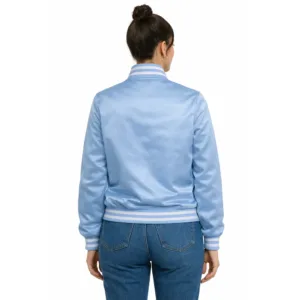 womens baby blue satin bomber jacket